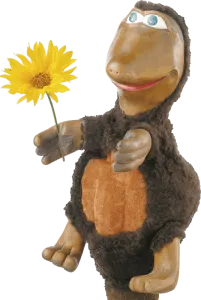 Handpuppe Maulwurf mit einer Sonnenblume